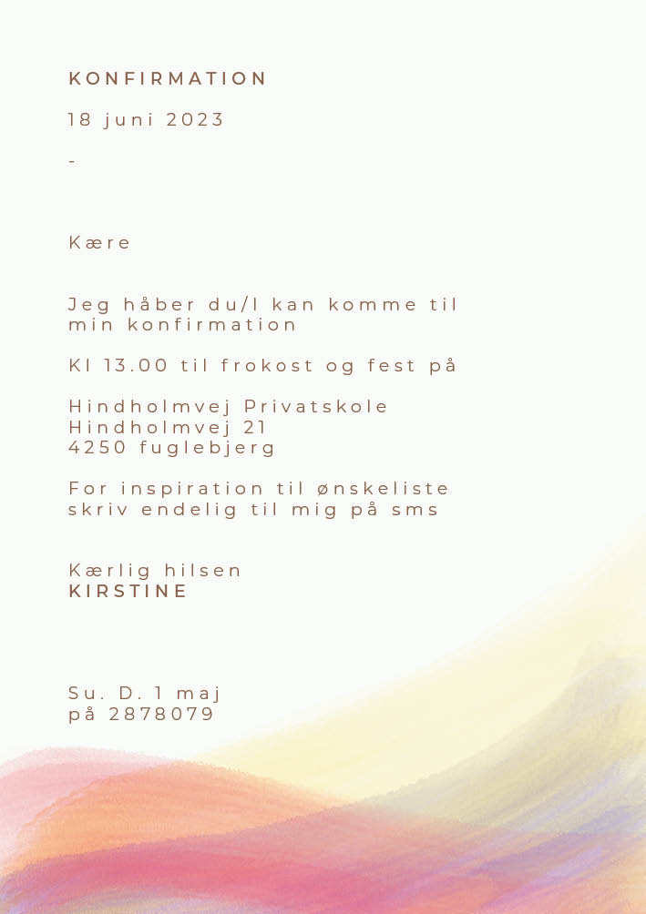 
                Akvarel er altid smukt - og især i disse brændte toner passer det perfekt til en invitation til en konfirmation i foråret. Benyt også bagsiden af invitationen til flere praktiske oplysninger om konfirmationen eller indsæt et skønt foto af konfirmanden - eller måske konfirmandens ønskeliste. Til dette design følger matchende elementer i form af velkomstskilt, bordoversigt, bordkort, menukort, drinkskort, takkekort mm. så I kan skabe en rød tråd for konfirmationen.                